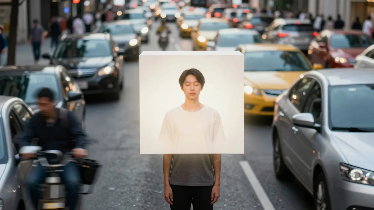 Person in calm stillness amid busy city street, surrounded by a square of quiet light.