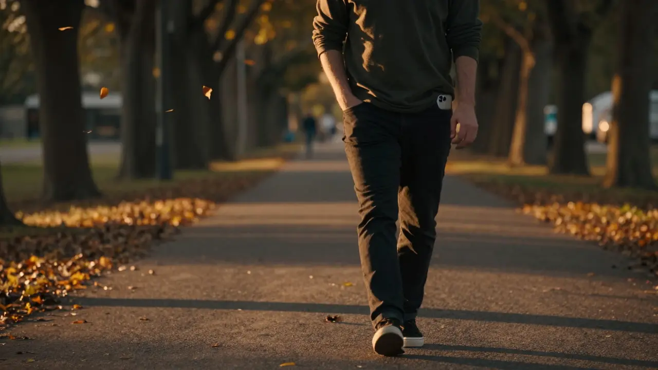 Person walking mindfully on a path at dusk, phone stored away