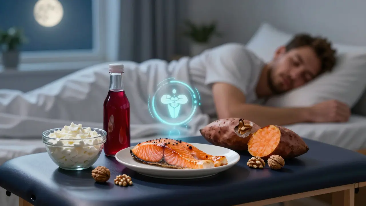 Recovery foods on a night table beside a sleeping athlete, with salmon, cottage cheese, and sweet potato.