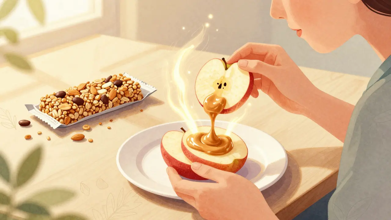 Someone eating apple slices with almond butter at a desk, energy glowing from the snack.