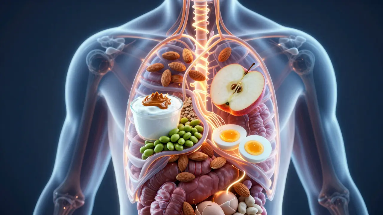 Transparent human torso with glowing nutrients from healthy snacks flowing through the body.