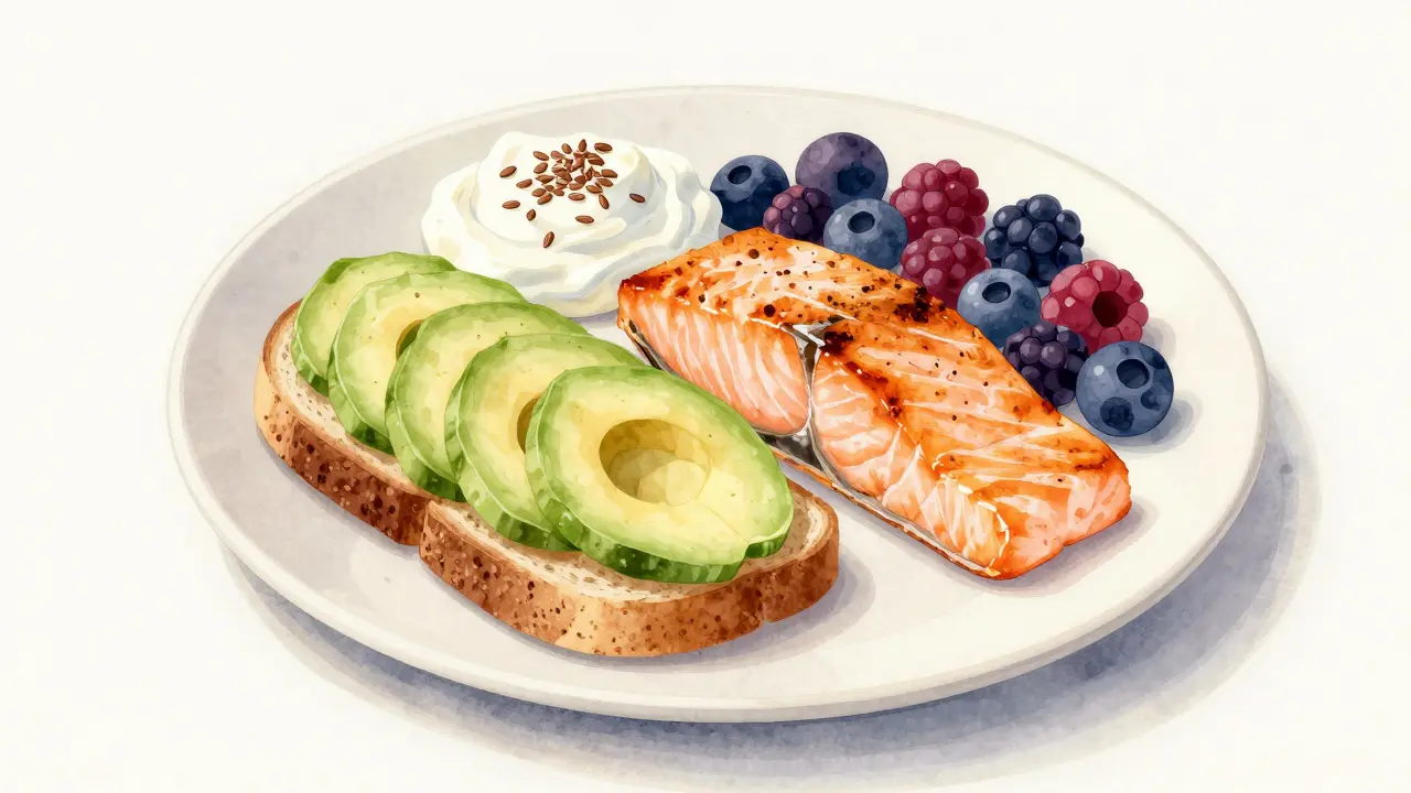 A balanced breakfast plate with avocado toast, grilled salmon, Greek yogurt, and berries in soft watercolor style.