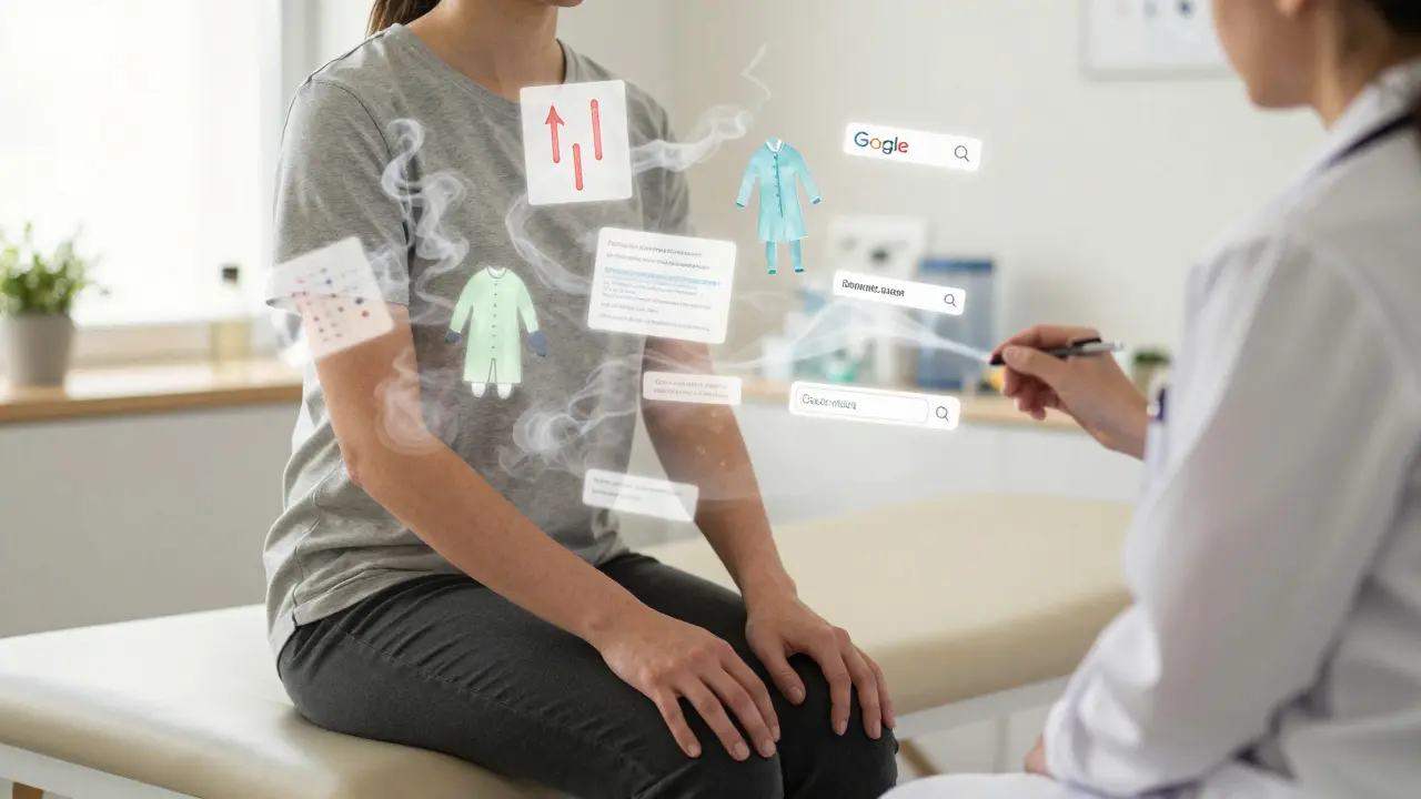 A calm person in a therapy setting as fading medical fears dissolve into smoke above them.