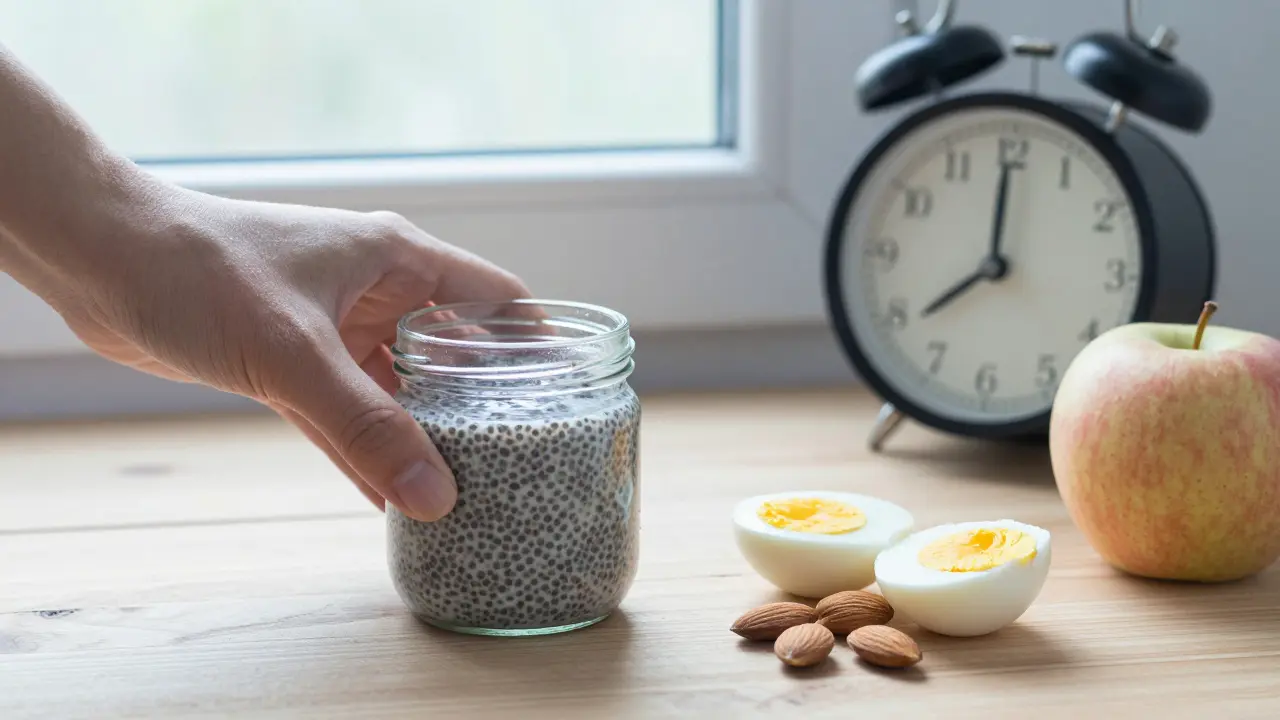 A chia pudding jar next to hard-boiled eggs, almonds, and an apple on a wooden table with morning light.