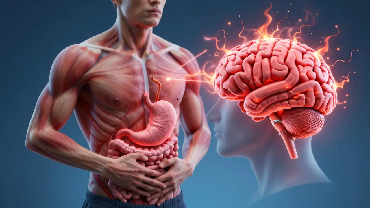 A human body with visible physical stress signs and a brain firing anxious signals in a surreal medical illustration.