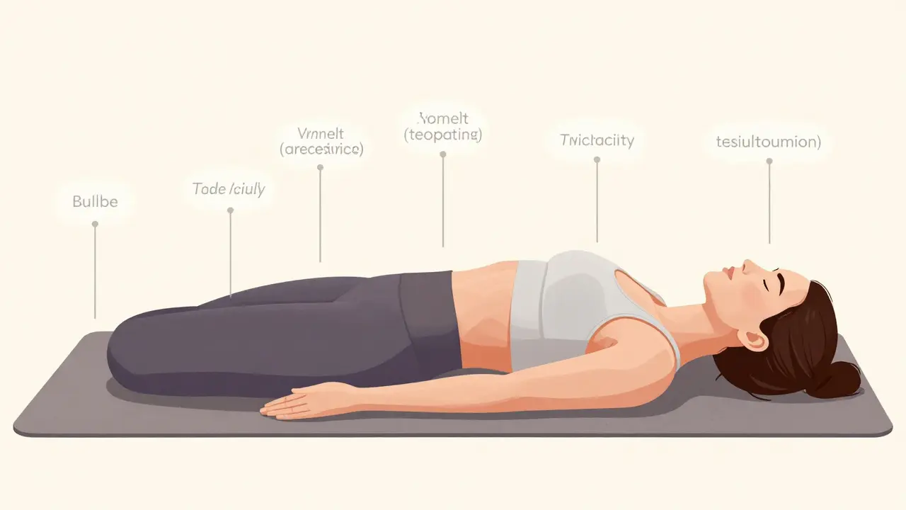 A woman relaxing muscles step by step, tension melting from body to toes.