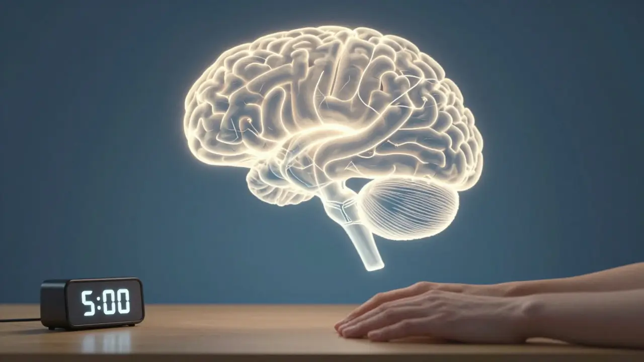 An abstract brain scan showing increased focus areas and reduced stress centers, with hands resting on a table.
