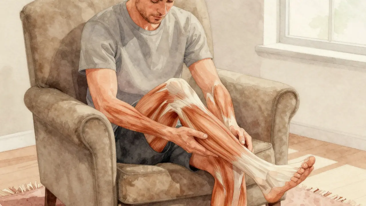 Man performing progressive muscle relaxation seated.