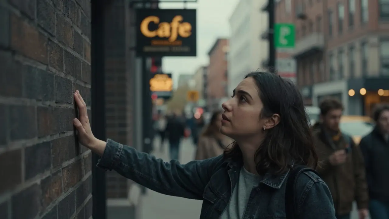 Person grounding themselves in a busy city street, touching a wall, focused gaze.