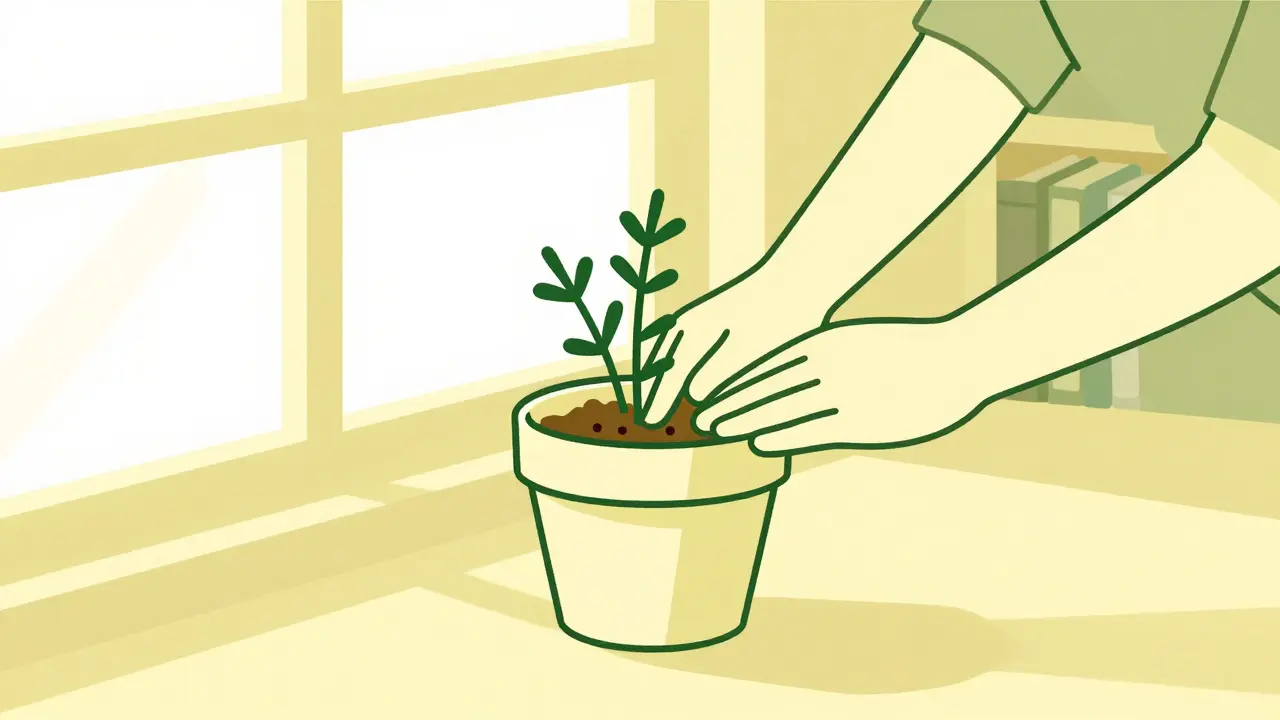 Person planting herbs on windowsill for stress relief.