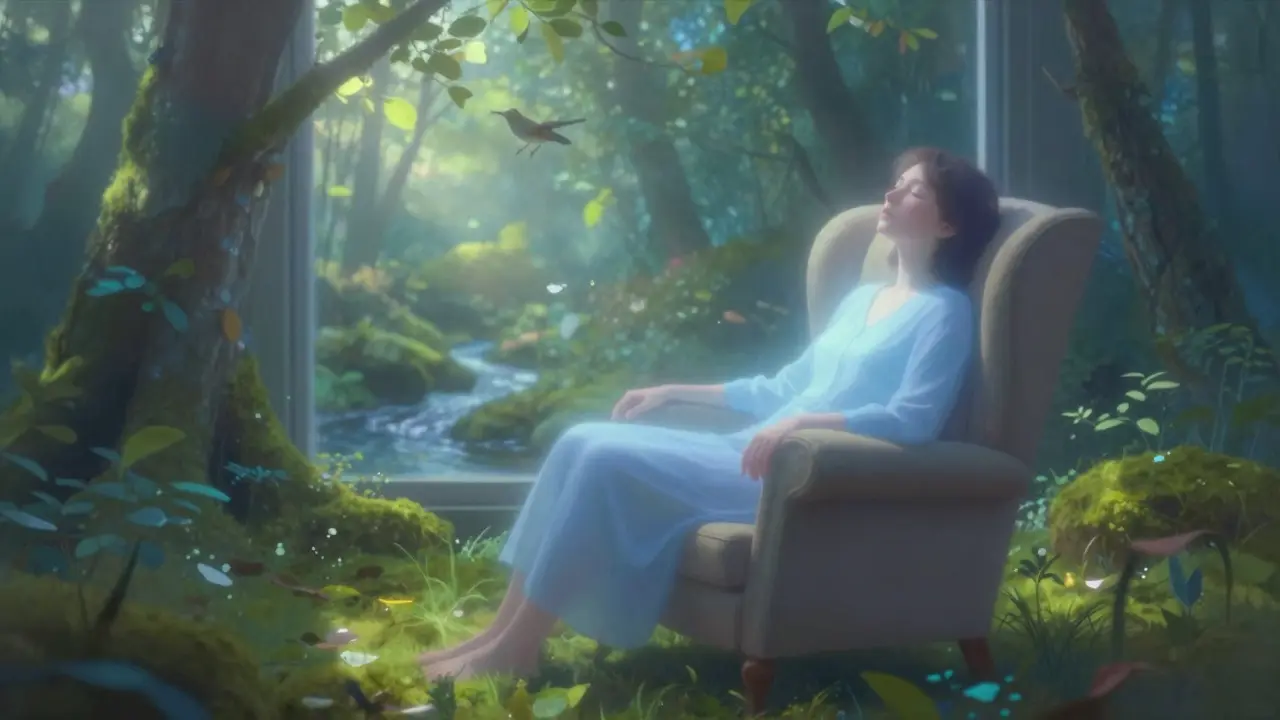 Someone imagining a peaceful forest, surrounded by a calm blue glow.