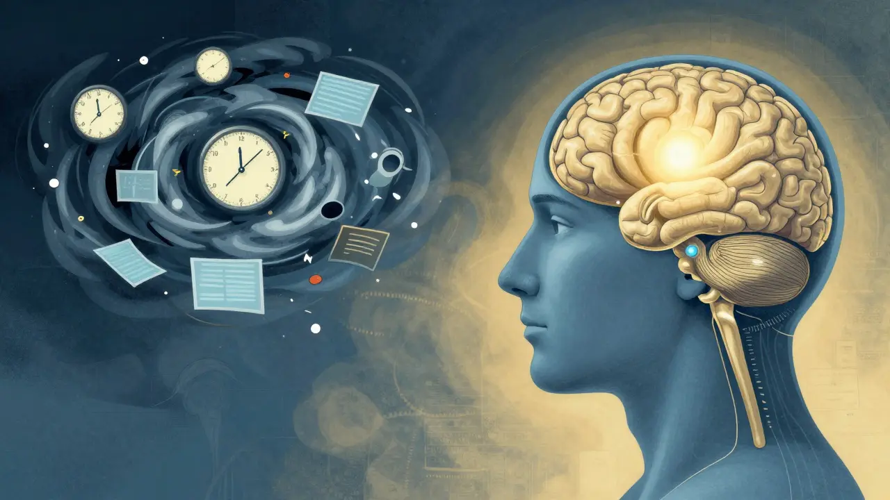 A brain split between chaotic thoughts and focused stillness, illustrating improved concentration.