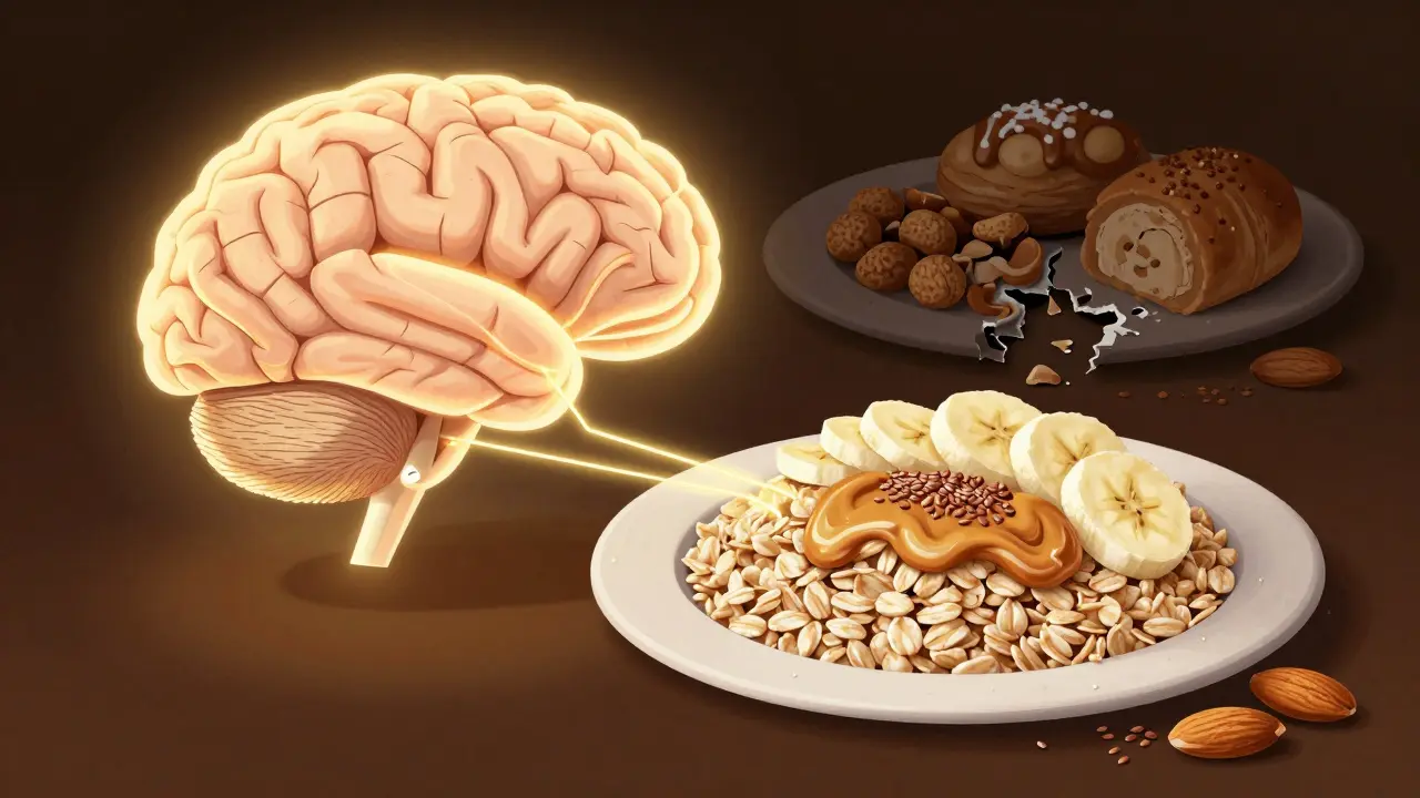 A glowing brain connected by golden lines to a healthy oatmeal bowl, while sugary pastries fade into shadow.