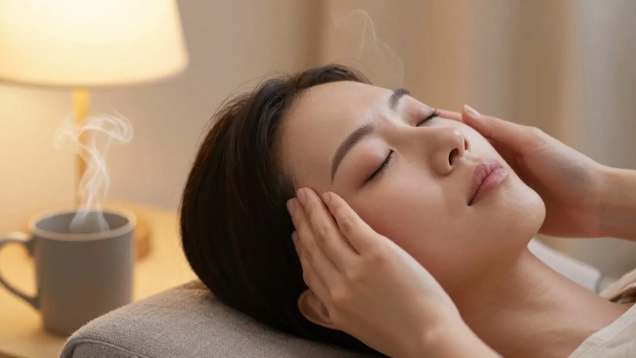 A hand gently massaging the temple under warm lamplight.