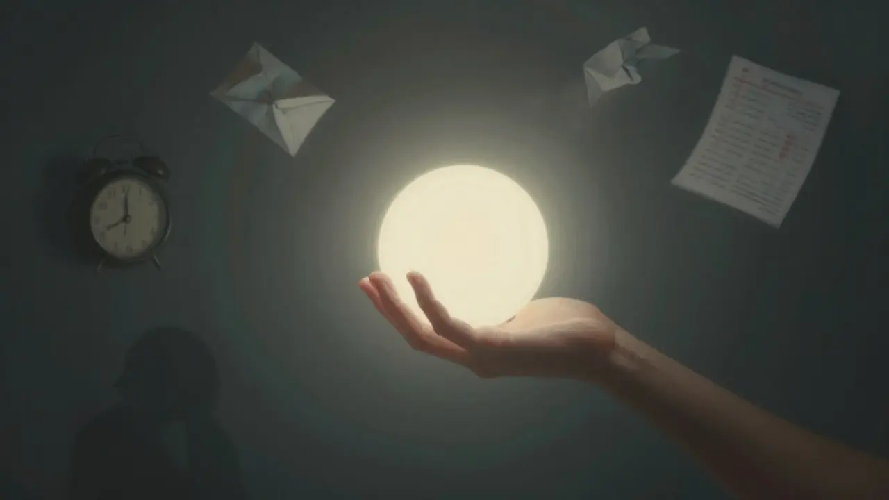 A hand touching a glowing light as stress symbols fade away, symbolizing inner peace.