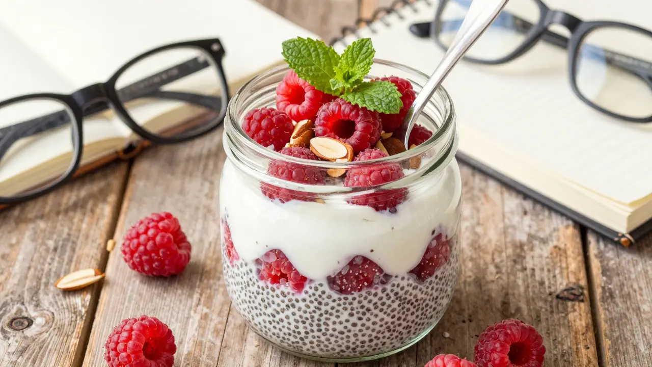 A jar of chia pudding layered with yogurt and berries, topped with almonds, on a wooden table with natural light.