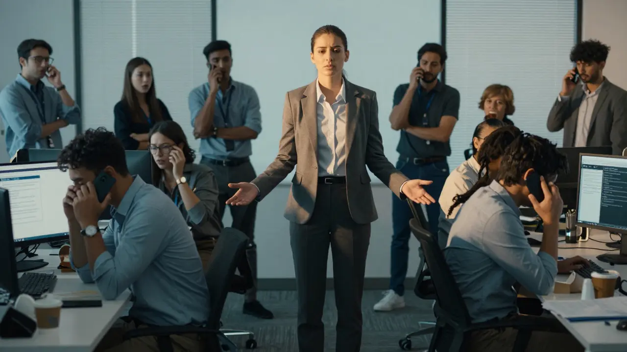 A leader listens attentively to a team member in a panicked office, glowing with calm amidst surrounding chaos.