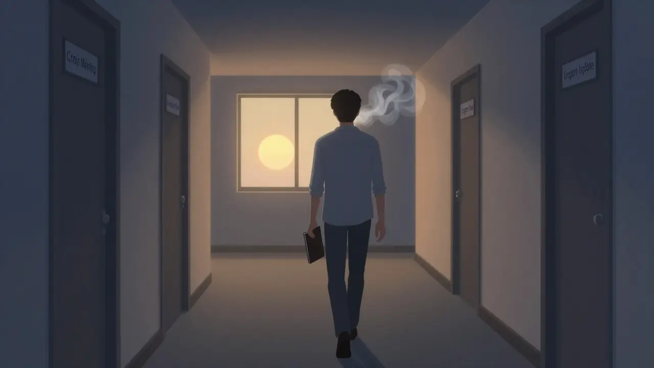 A leader walks alone at night down a hallway lit by sunrise, symbolizing quiet strength after crisis.