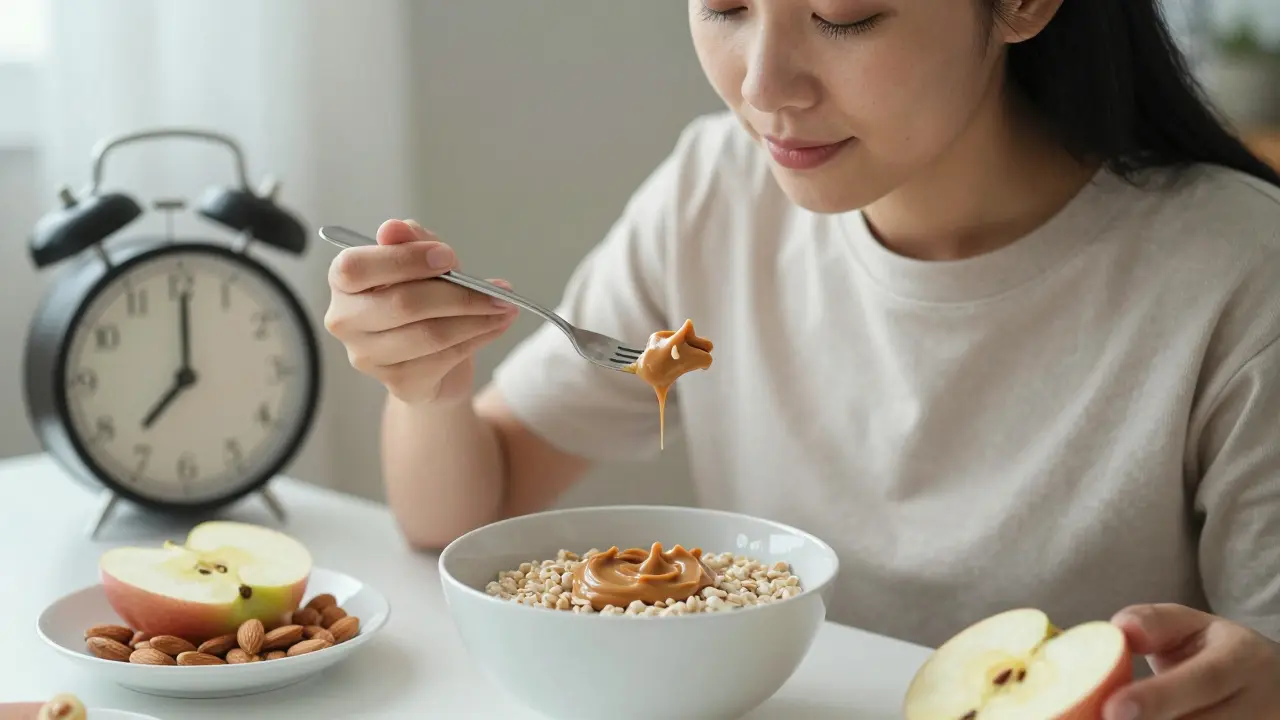 A person eating breakfast slowly, focused and calm, with oats, peanut butter, and apple in front of them.