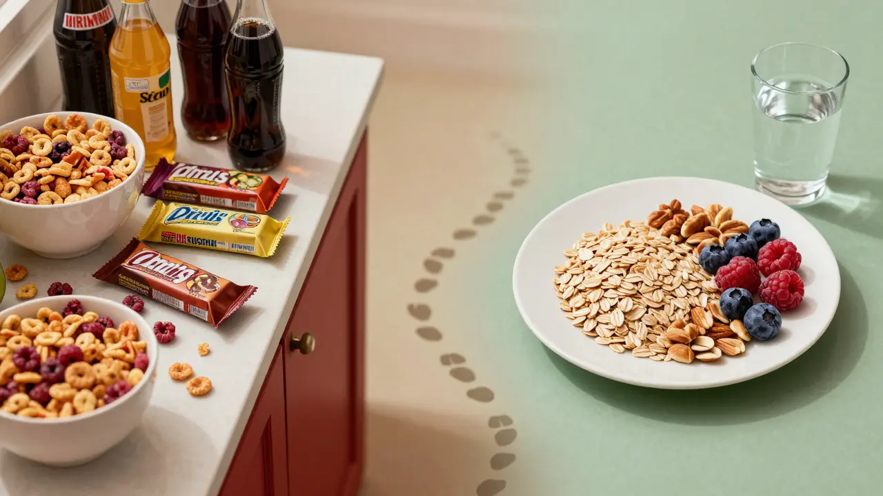 A split image contrasting processed foods with whole foods, symbolizing healthier choices.