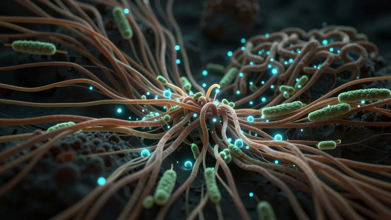 Abstract macro view of glowing bacteria intertwined with plant fibers.