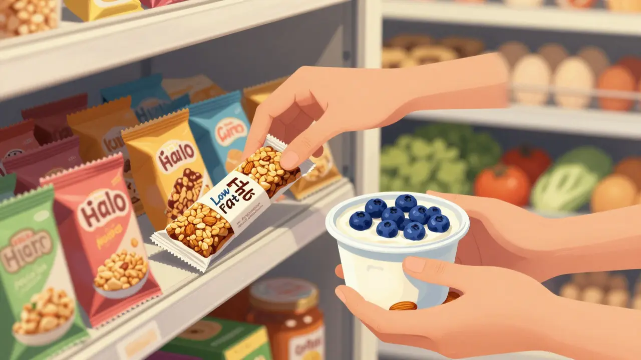 Hand choosing healthy yogurt and almonds over a sugary granola bar in a pantry.