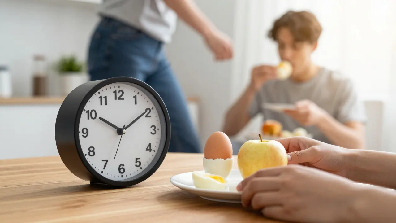 Hands placing a hard-boiled egg and apple on a table at 7:00 AM, with a blurred figure rushing past.