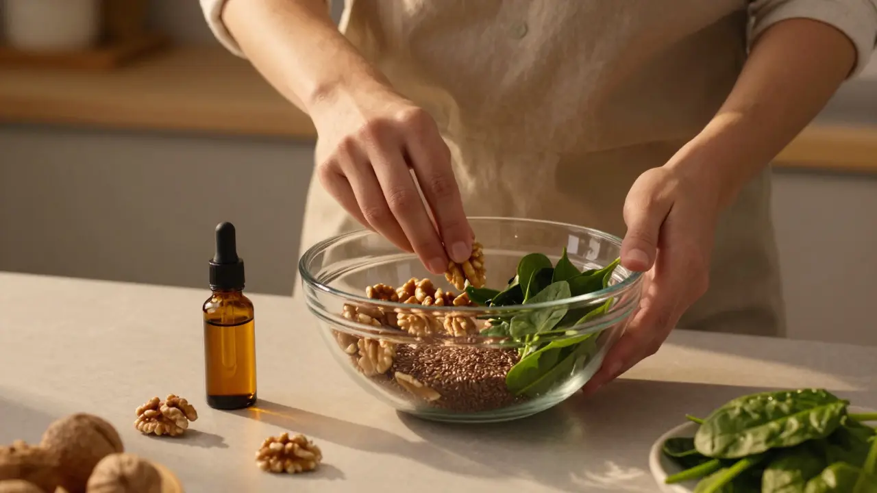 Hands preparing a nutrient-rich salad bowl with seeds and greens in a kitchen.