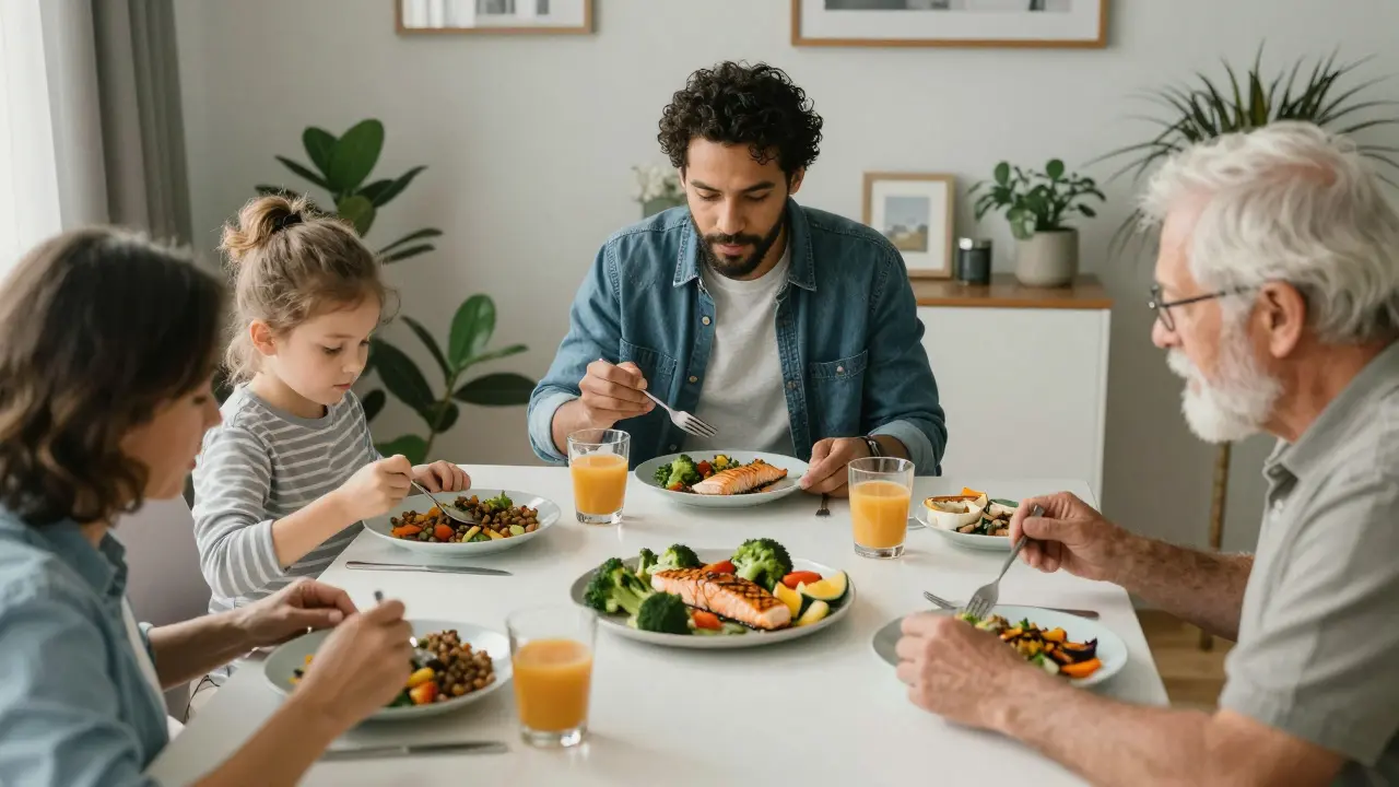People of different ages enjoying balanced, whole-food meals in everyday settings.