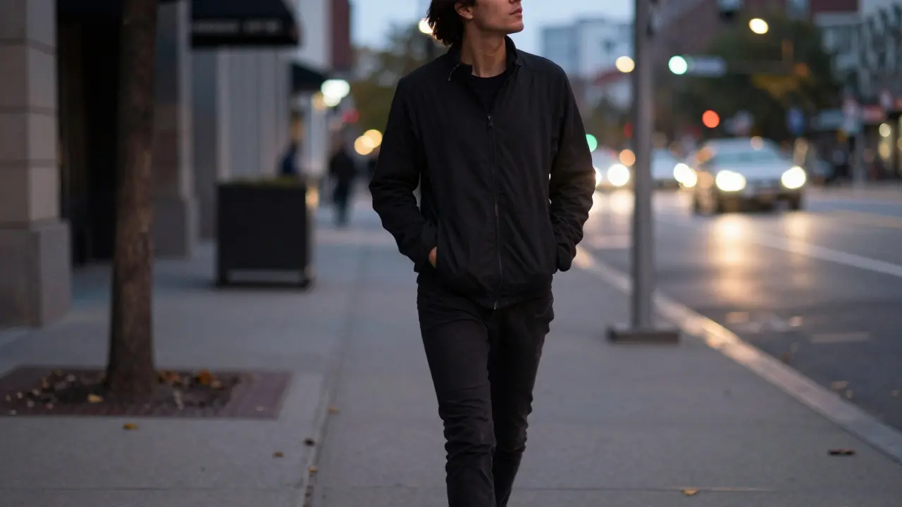 Someone walking peacefully along a city sidewalk at twilight.