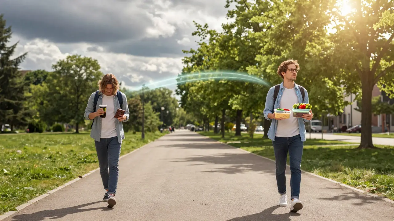 Two people walking divergent paths—one with junk food, one with healthy snacks—in a park.
