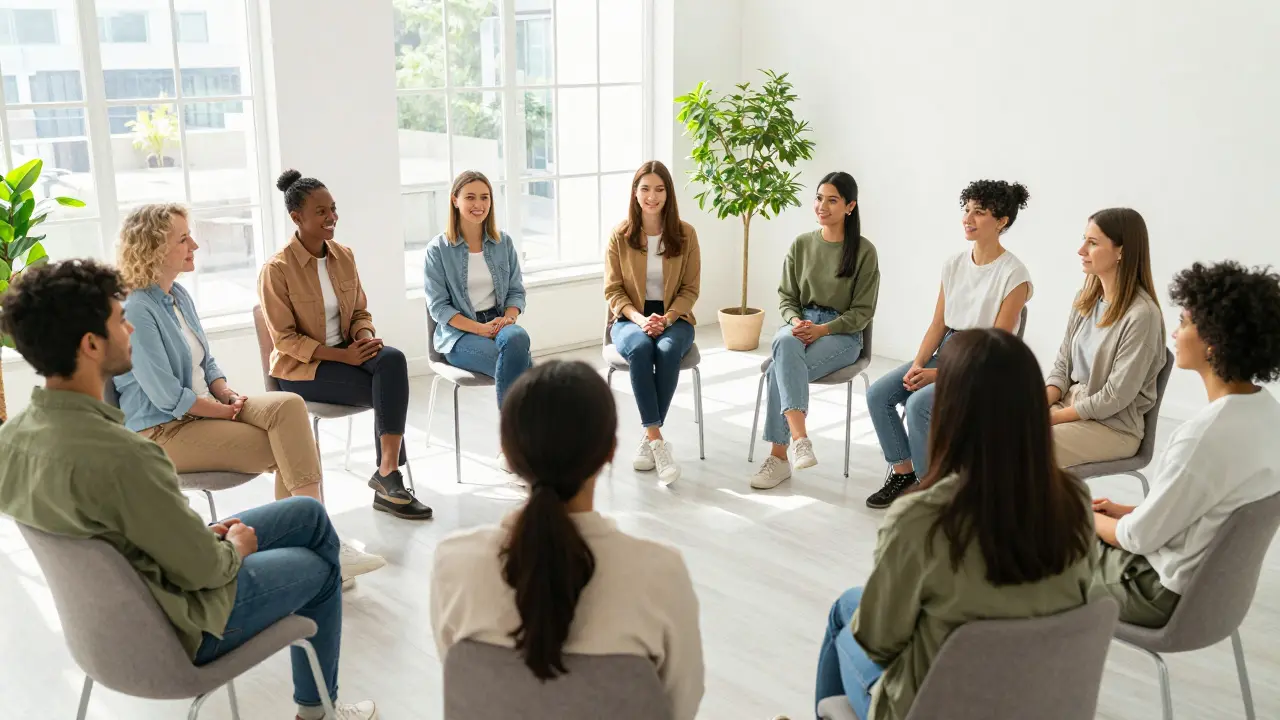 A diverse group of people sitting in a circle for a mental health support group meeting.