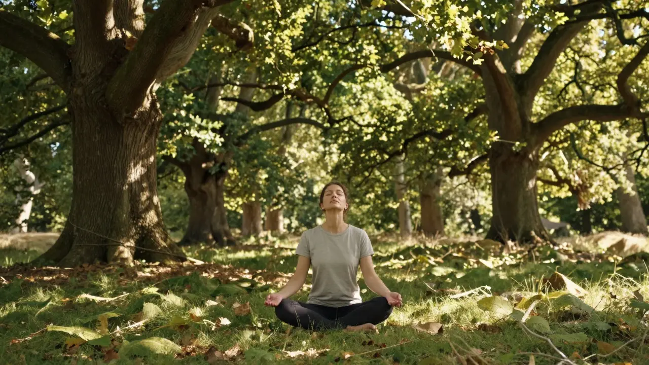 A person practicing mindful breathing in a sunlit, green forest for stress recovery.