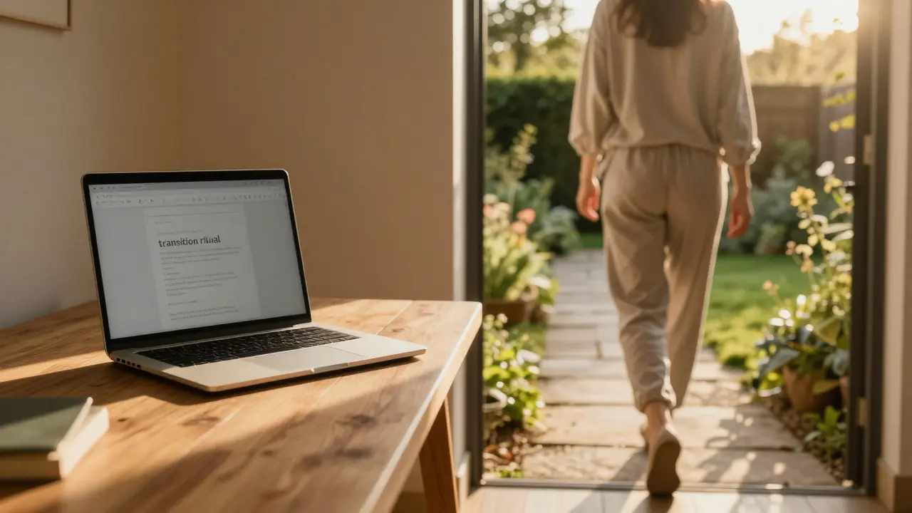 A person transitioning from a closed work laptop to a peaceful walk in a sunny garden