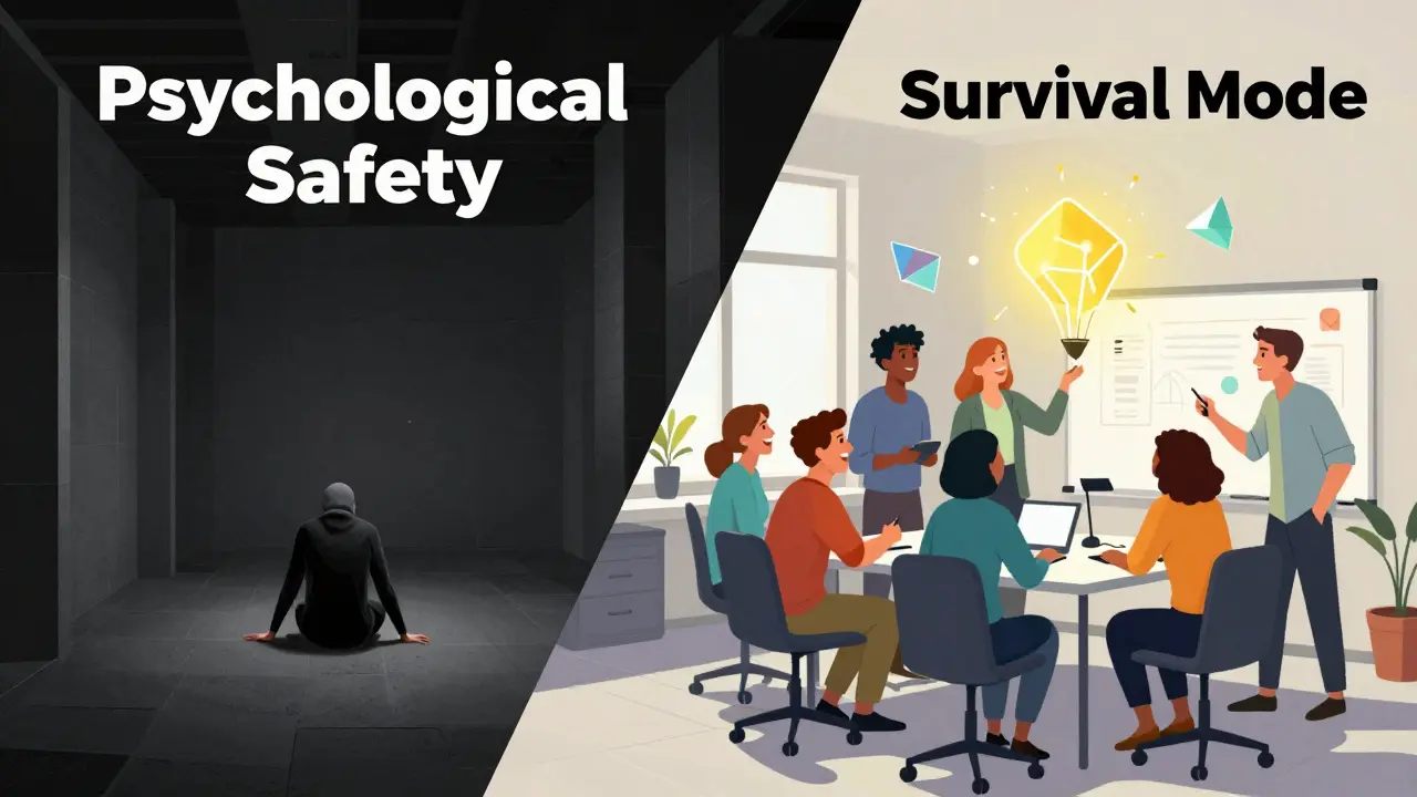 A split scene contrasting a stressful, grey corporate environment with a colorful, supportive team