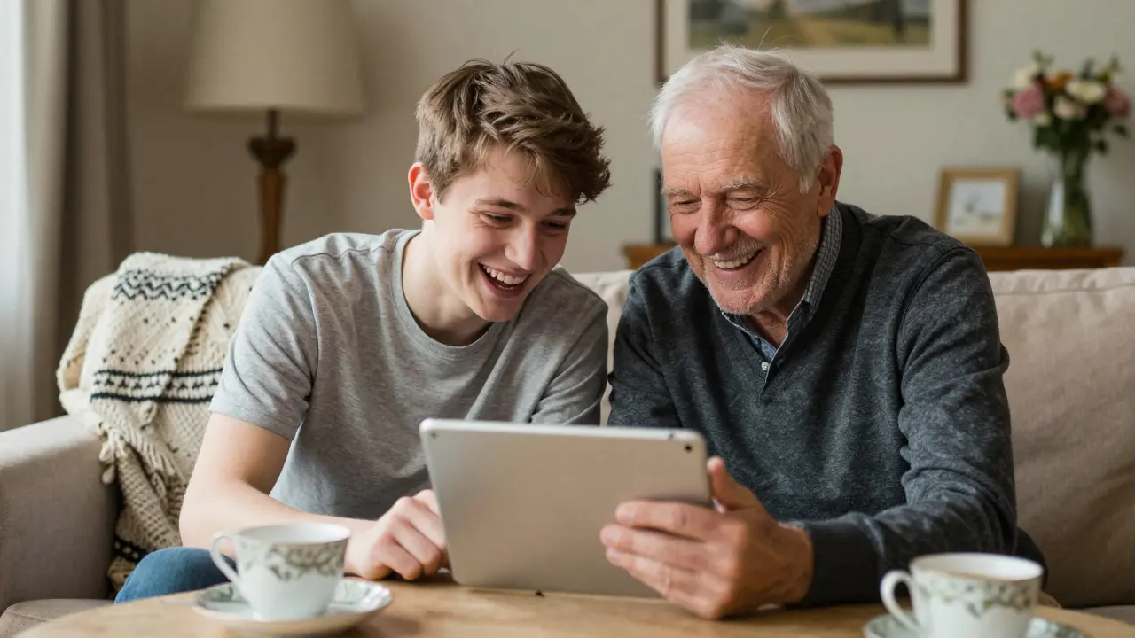 A teenager and an elderly man laughing together while using a tablet.