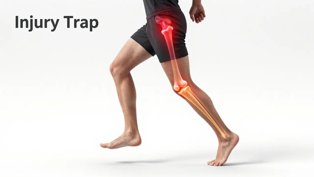 Anatomical render showing a chain of tension from a tight hip down to the ankle of a runner