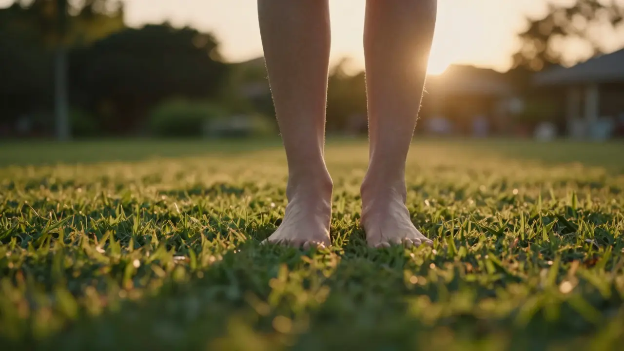 Bare feet walking on lush green grass during a golden hour sunset