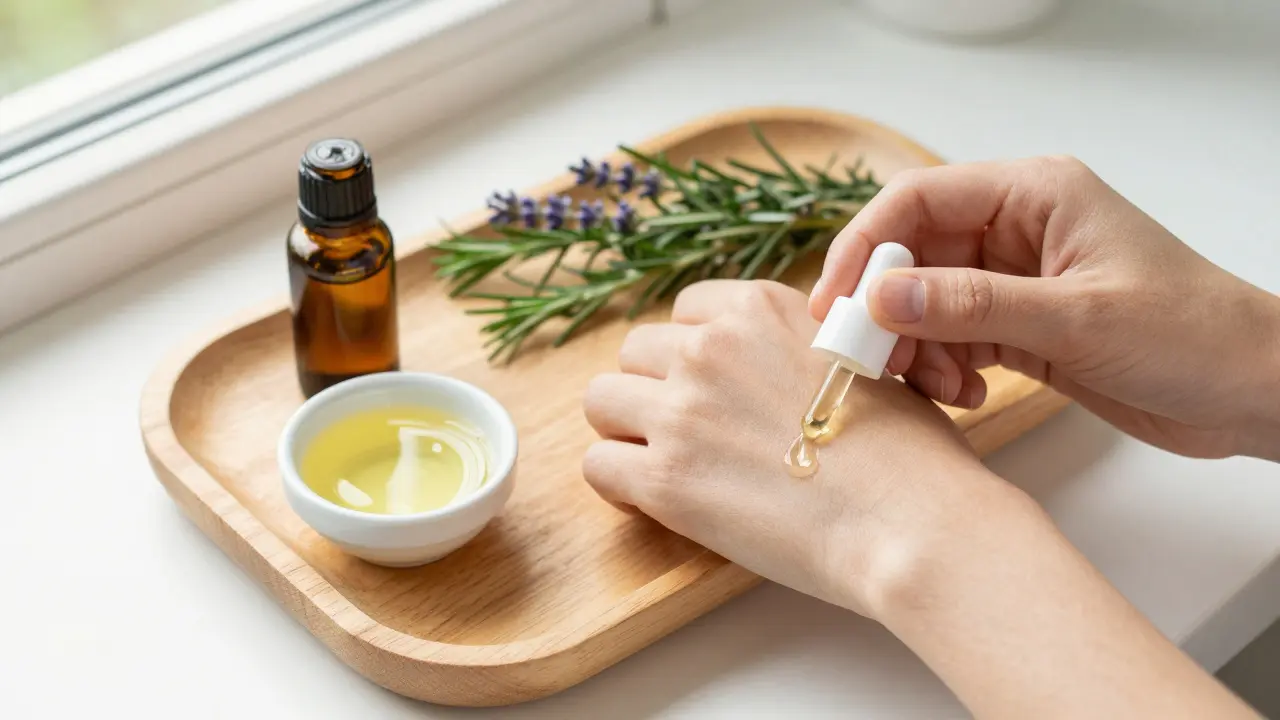 Close-up of a person applying essential oil to their wrist from a wellness kit