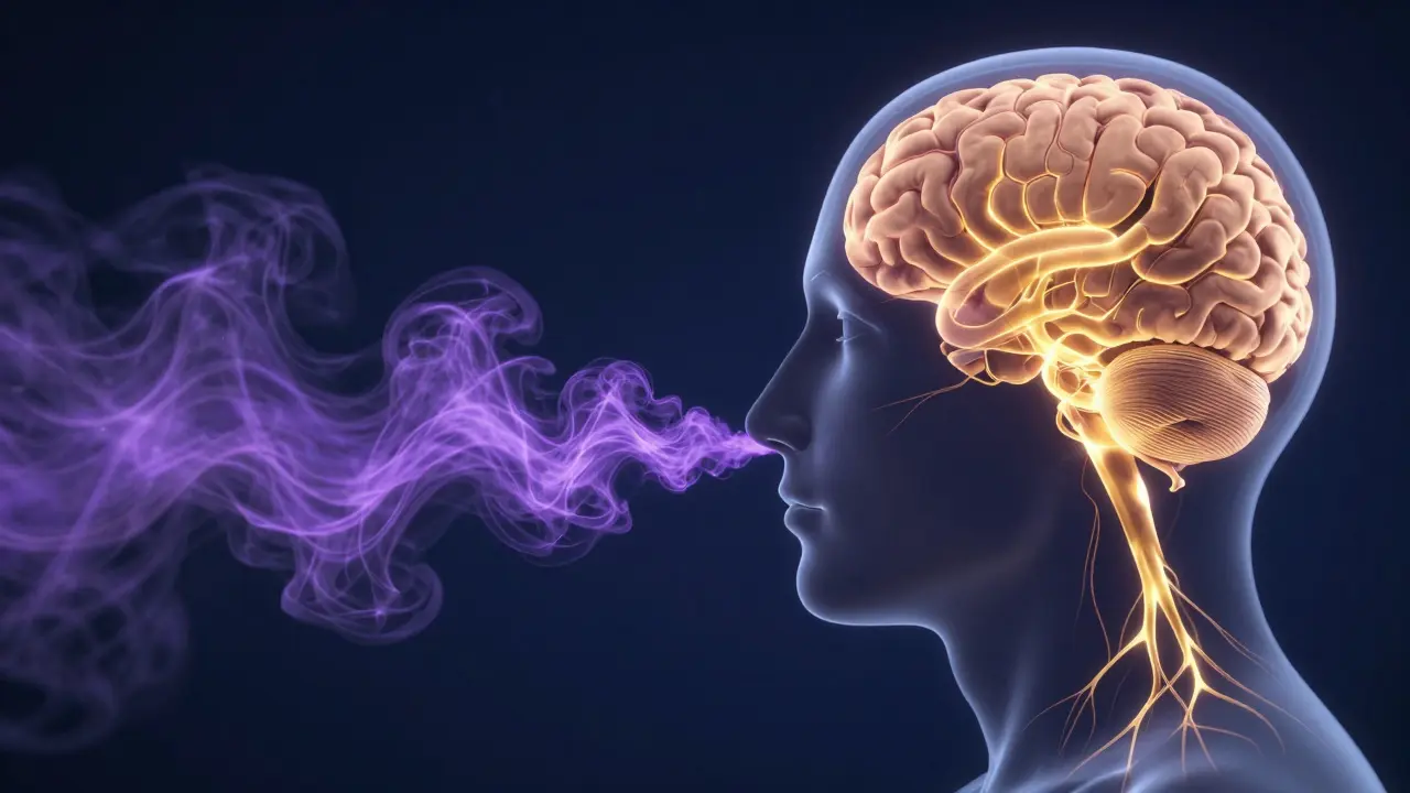 Conceptual art showing aromatic vapors activating the brain's limbic system