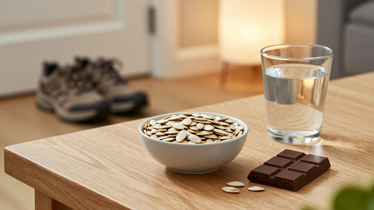 Healthy snacks and walking shoes on a table, representing a stress-relief routine.