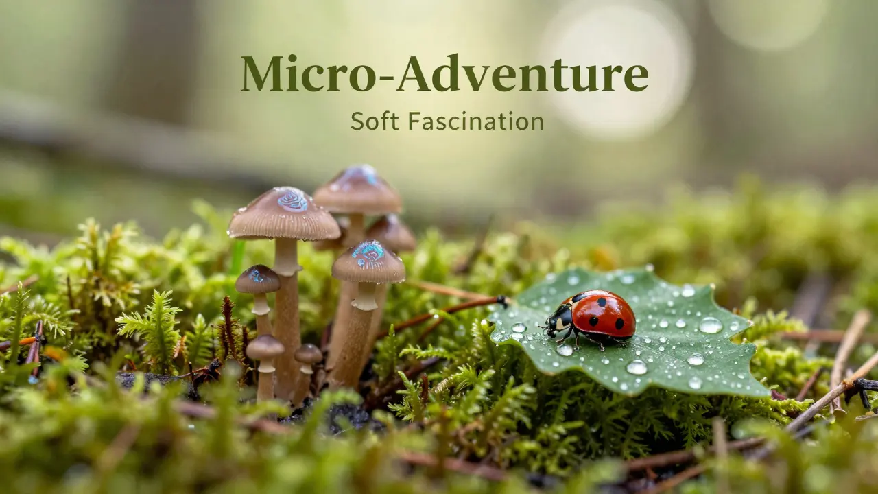 Macro view of moss and a ladybug on a leaf showing nature's intricate details