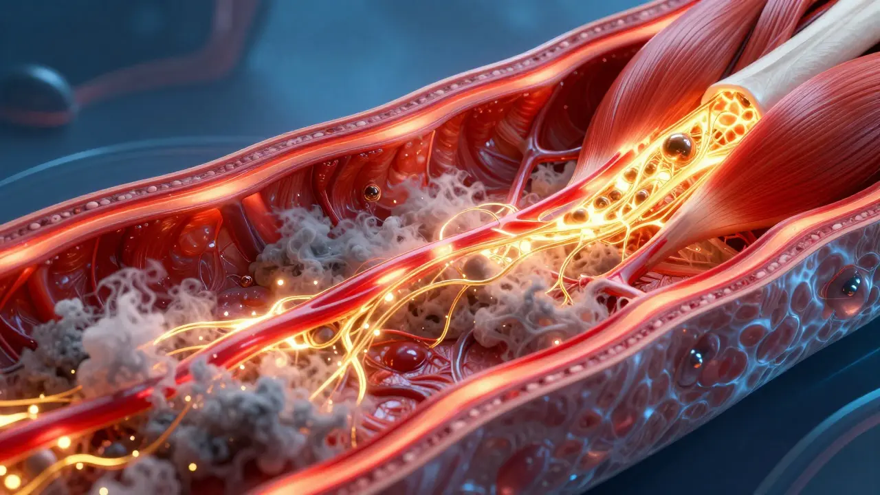 Scientific visualization of blood and lymph fluid flushing waste from muscle fibers