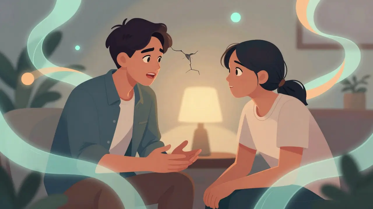 Two people engaged in a compassionate, supportive conversation in a cozy setting.