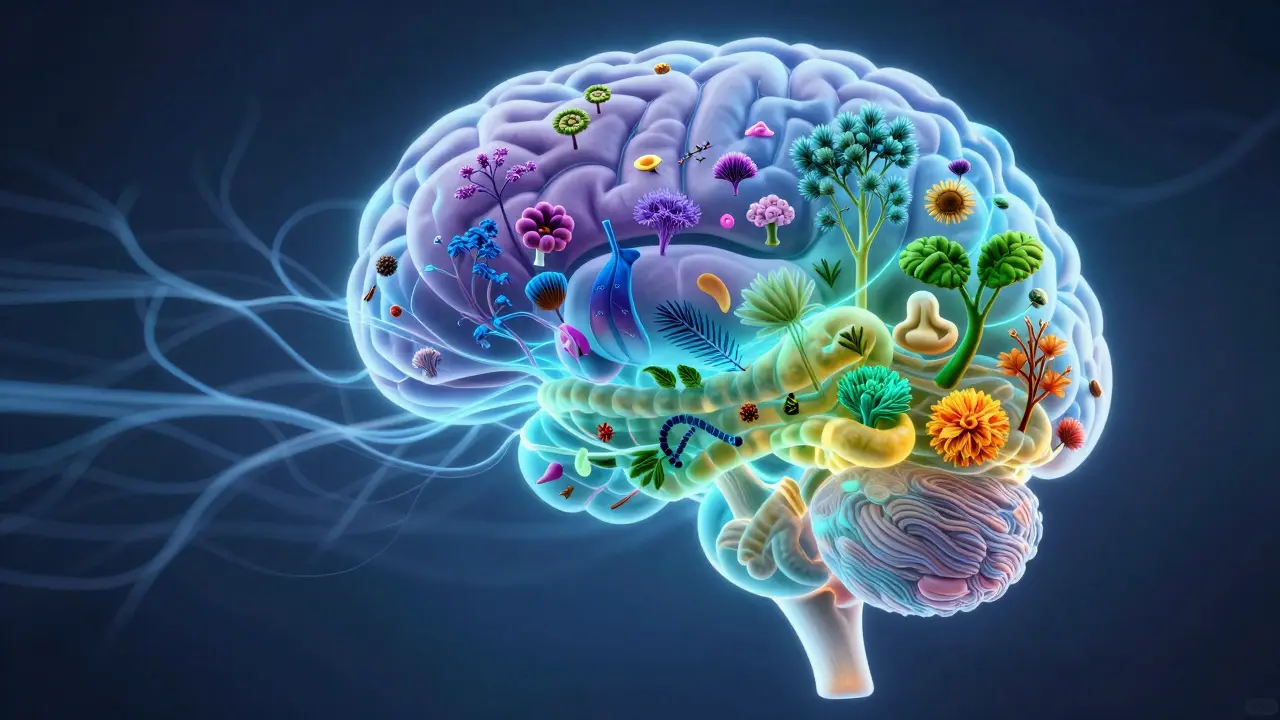 Abstract art showing neural connections merging with plant life