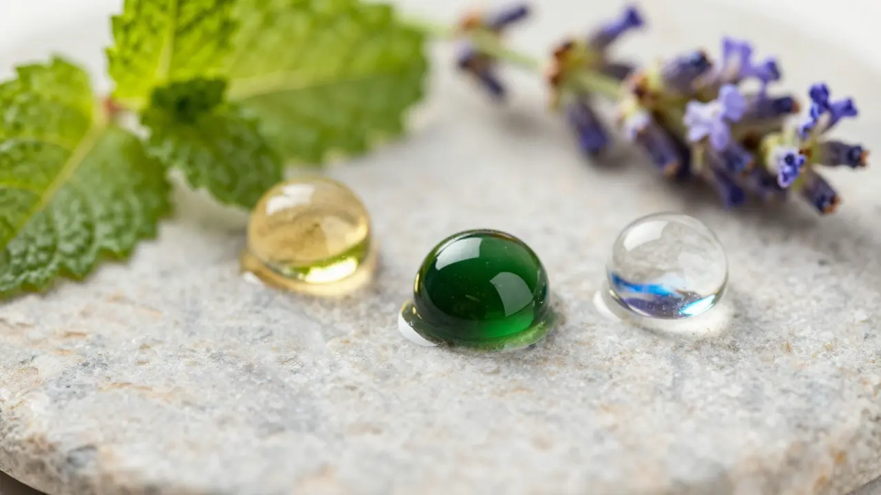 Close-up of essential oil droplets on stone surrounded by fresh peppermint, tea tree, and lavender leaves.