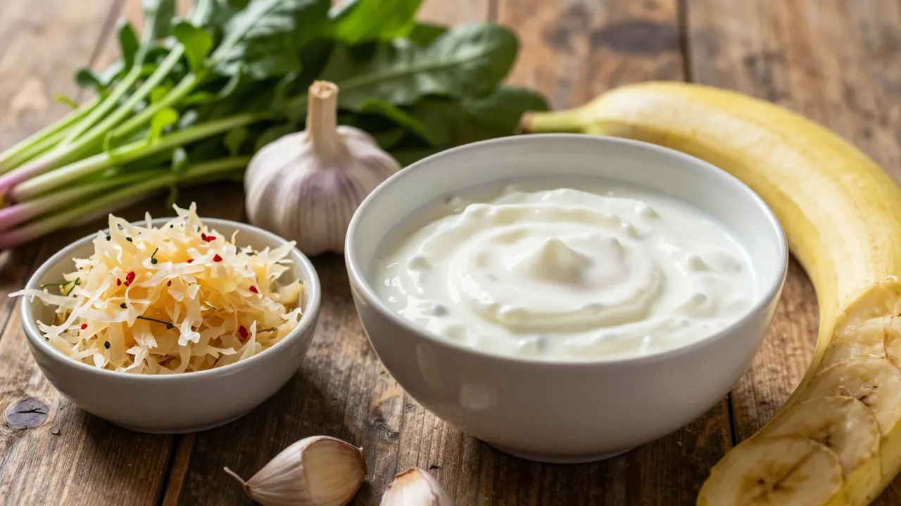 Fresh gut-friendly foods including yogurt, sauerkraut, garlic, and greens on a wooden table.