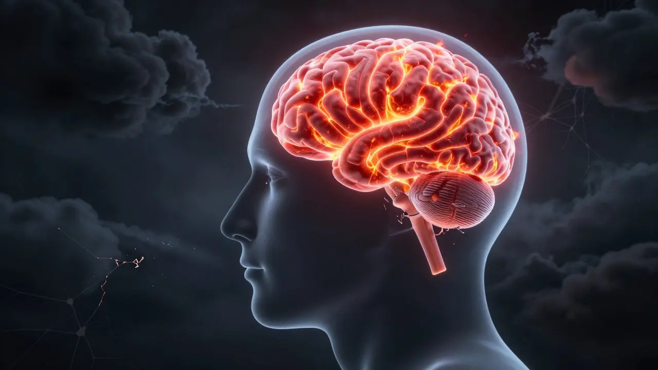 Glowing brain illustration showing active amygdala and disconnected prefrontal cortex.
