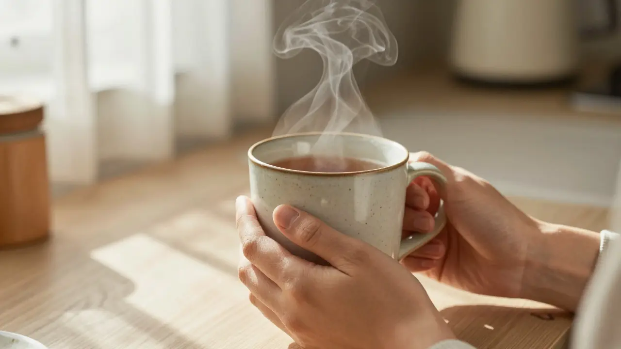Hands holding hot tea cup in sunlight, focusing on present moment