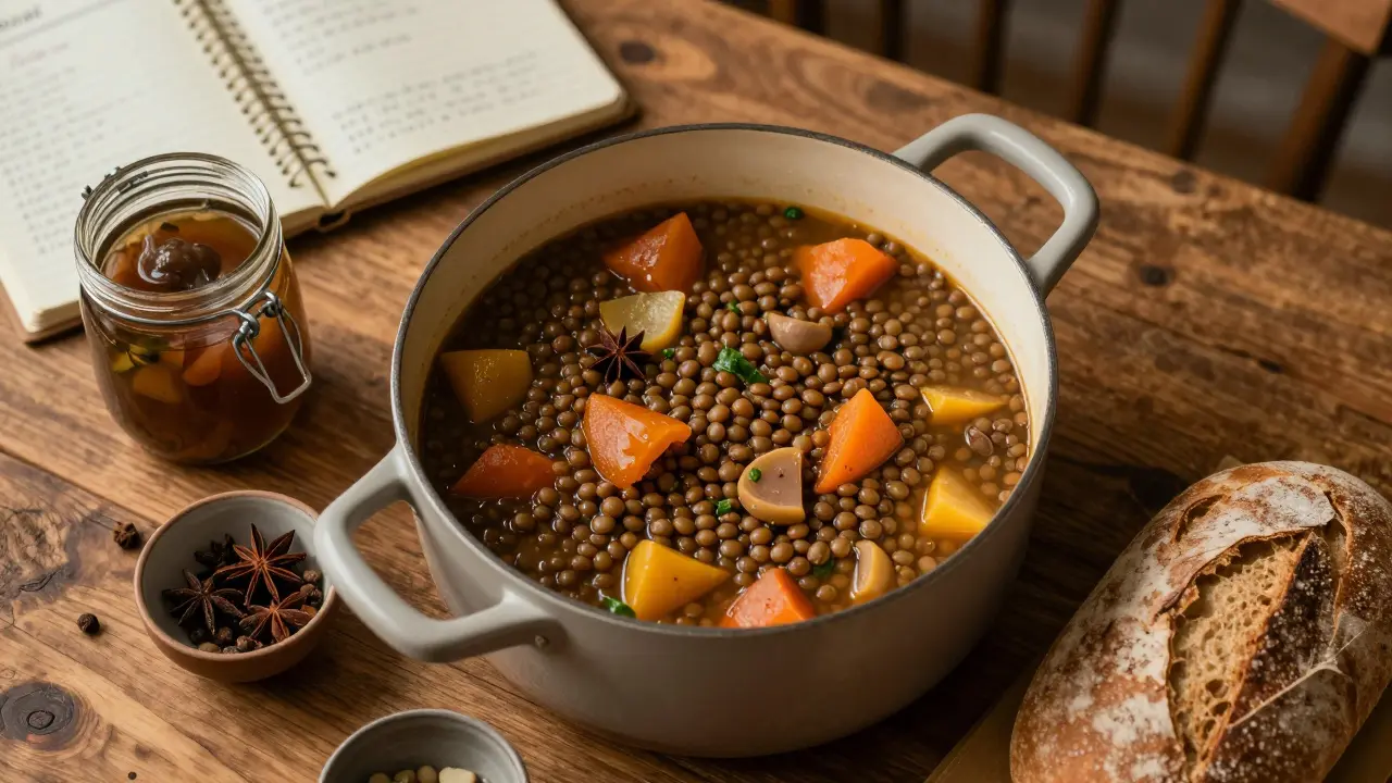 Homemade lentil stew and simple ingredients on a rustic wooden table